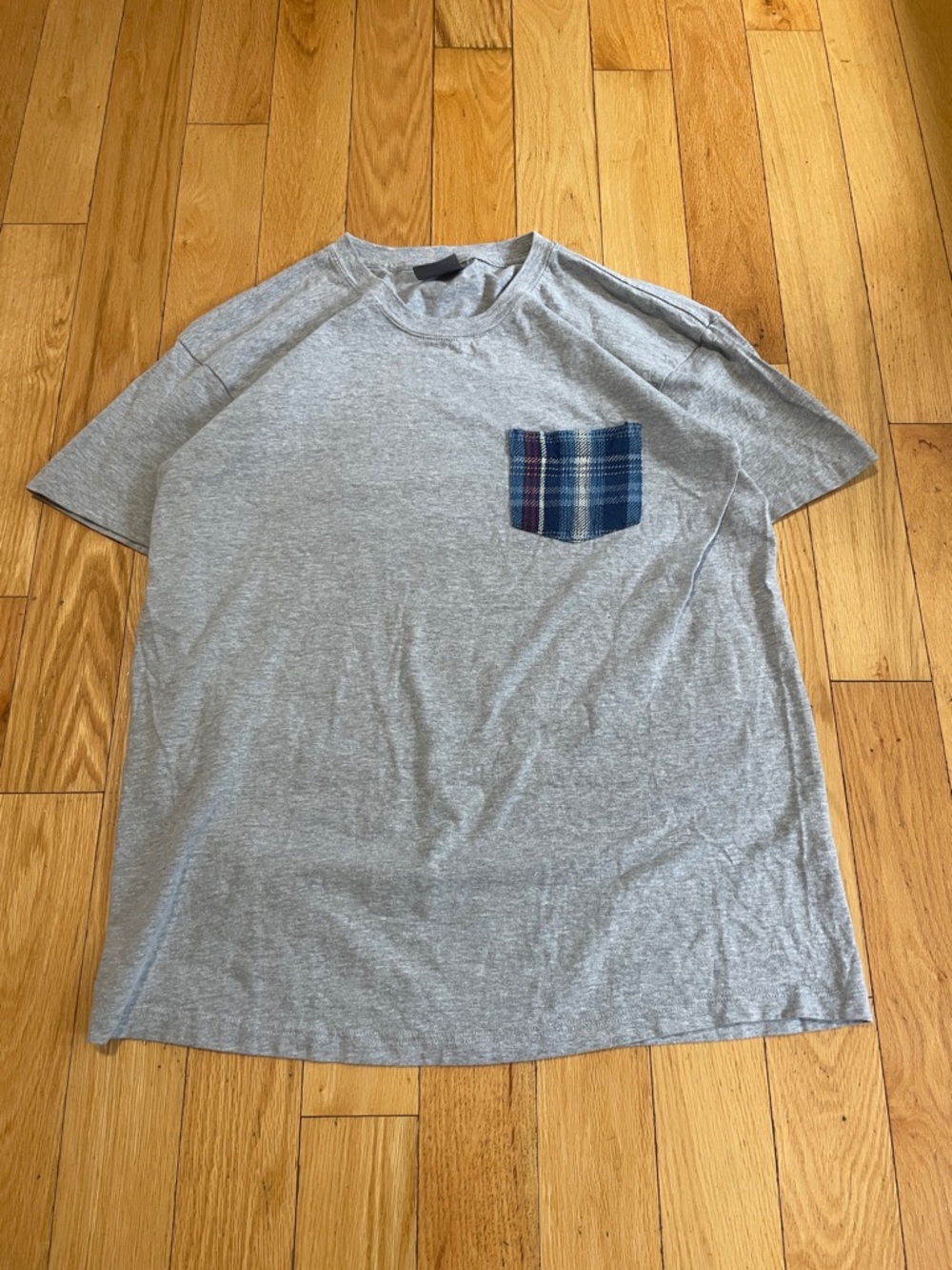 Naked & Famous Denim Gray Short-Sleeve Tee with Blue Plaid Pocket